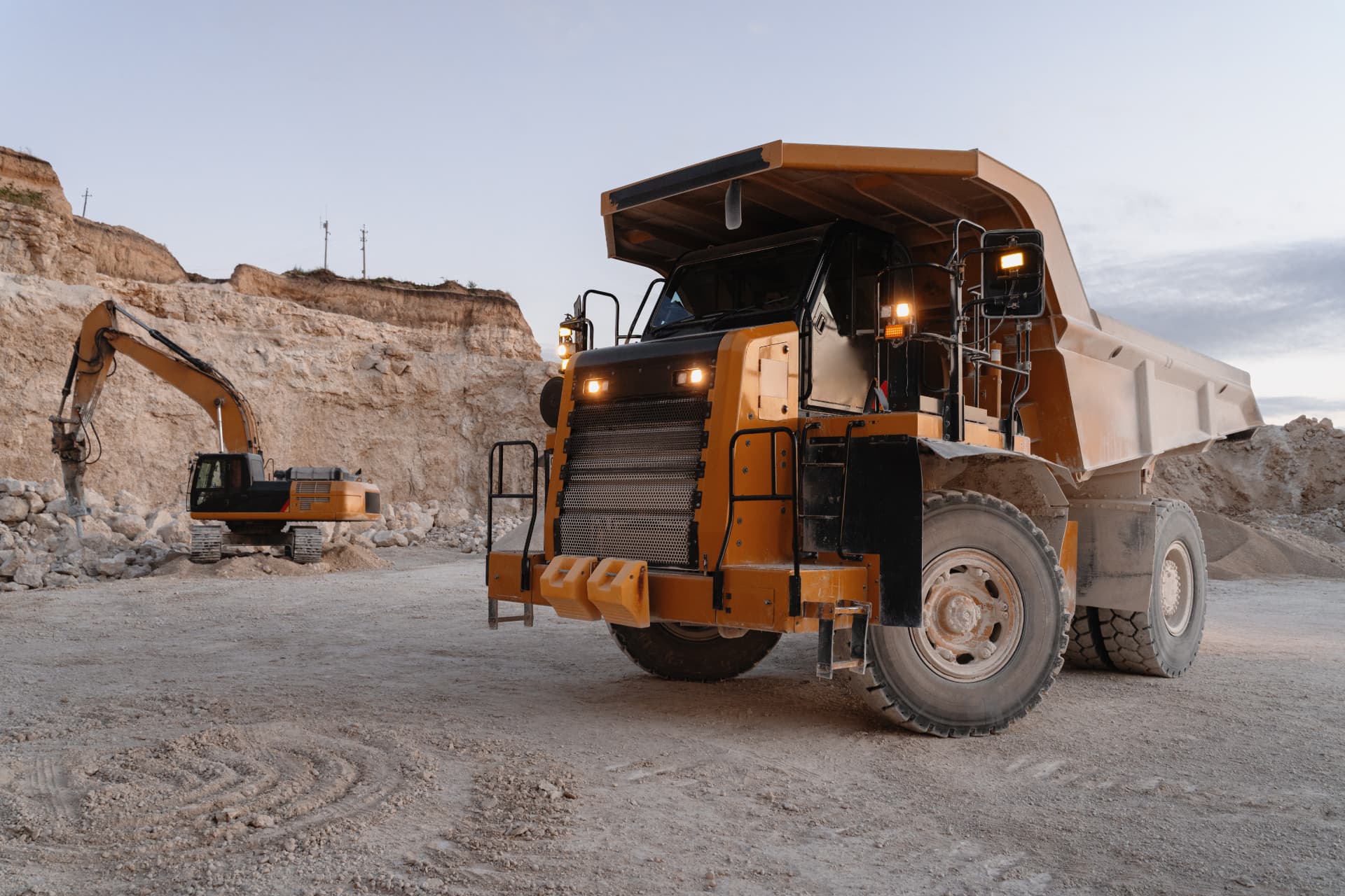 Haul trucks in a quarry